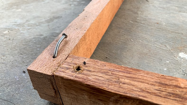 Trades website mistakes - a wooden frame nailed together badly