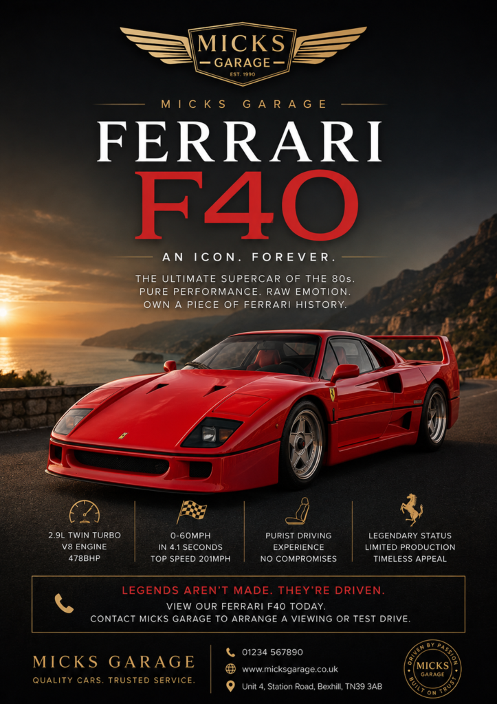 AI Generated Posters of a ferrari sales garage