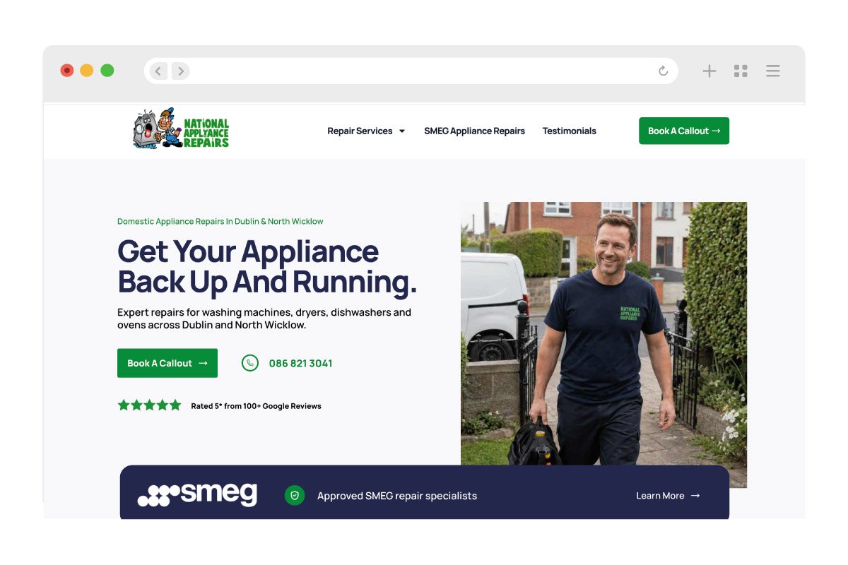 Desktop view of National Appliance repairs website