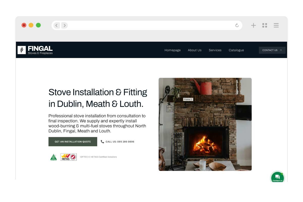 Hero banner of fingal stoves and fireplaces website by Northside Digital