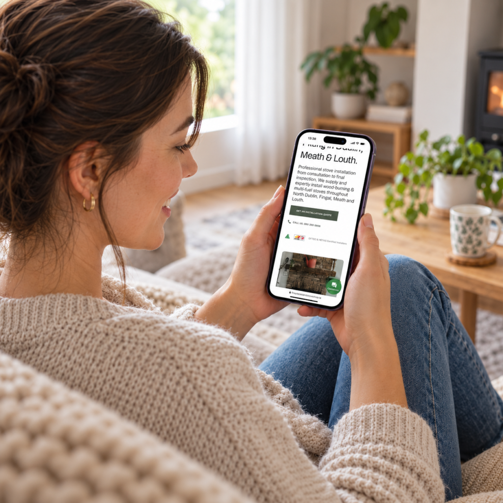 Young woman looking at her phone with fingal stoves and fireplaces website visible
