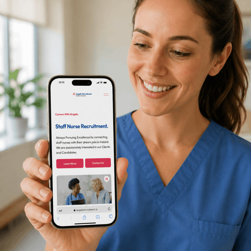 Female carer holding a phone with angelic recruitment website